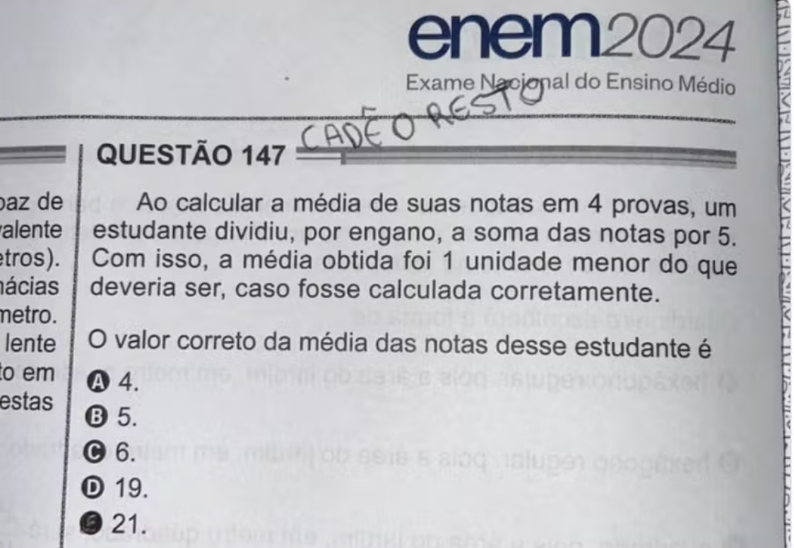 ‘Cadê o resto?’: questão do Enem 2024 sobre média de notas tira a paz de estudantes e viraliza; veja resposta